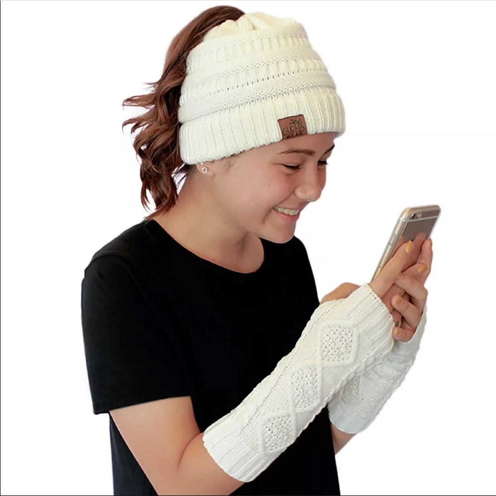 Ponytail Beanie and Arm Warmer - white